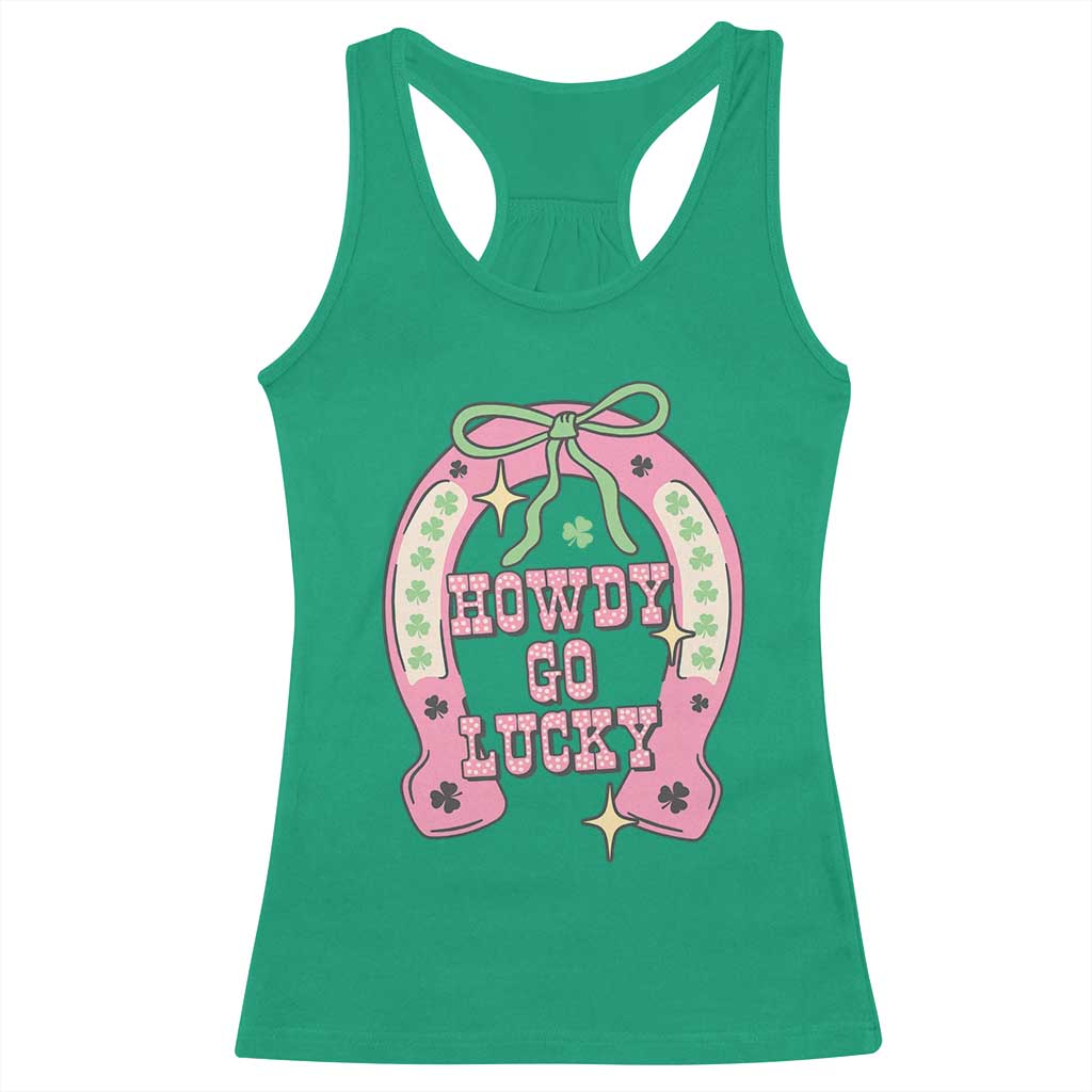 Funny St Patrick's Day Cowgirl Coquette Racerback Tank Top Howdy Go Lucky Pink Horseshoe TS11 Irish Green Print Your Wear
