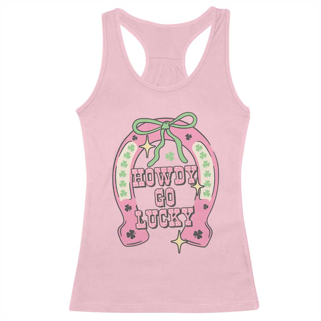 Funny St Patrick's Day Cowgirl Coquette Racerback Tank Top Howdy Go Lucky Pink Horseshoe TS11 Light Pink Print Your Wear