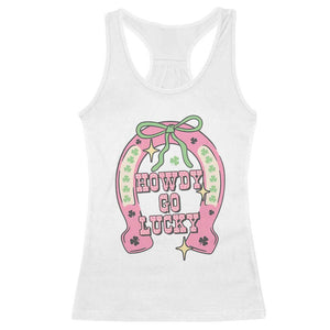 Funny St Patrick's Day Cowgirl Coquette Racerback Tank Top Howdy Go Lucky Pink Horseshoe TS11 White Print Your Wear