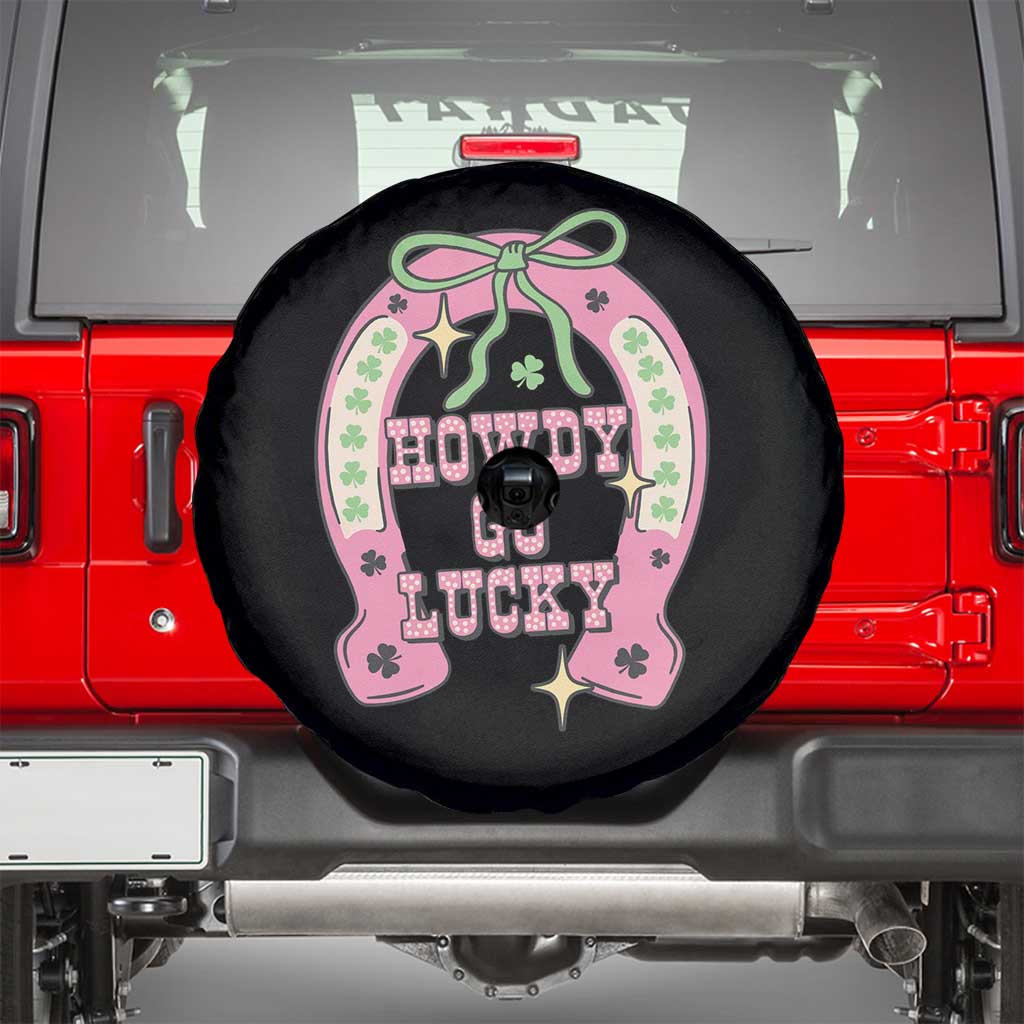Funny St Patrick's Day Cowgirl Coquette Spare Tire Cover Howdy Go Lucky Pink Horseshoe TS11 Black Print Your Wear