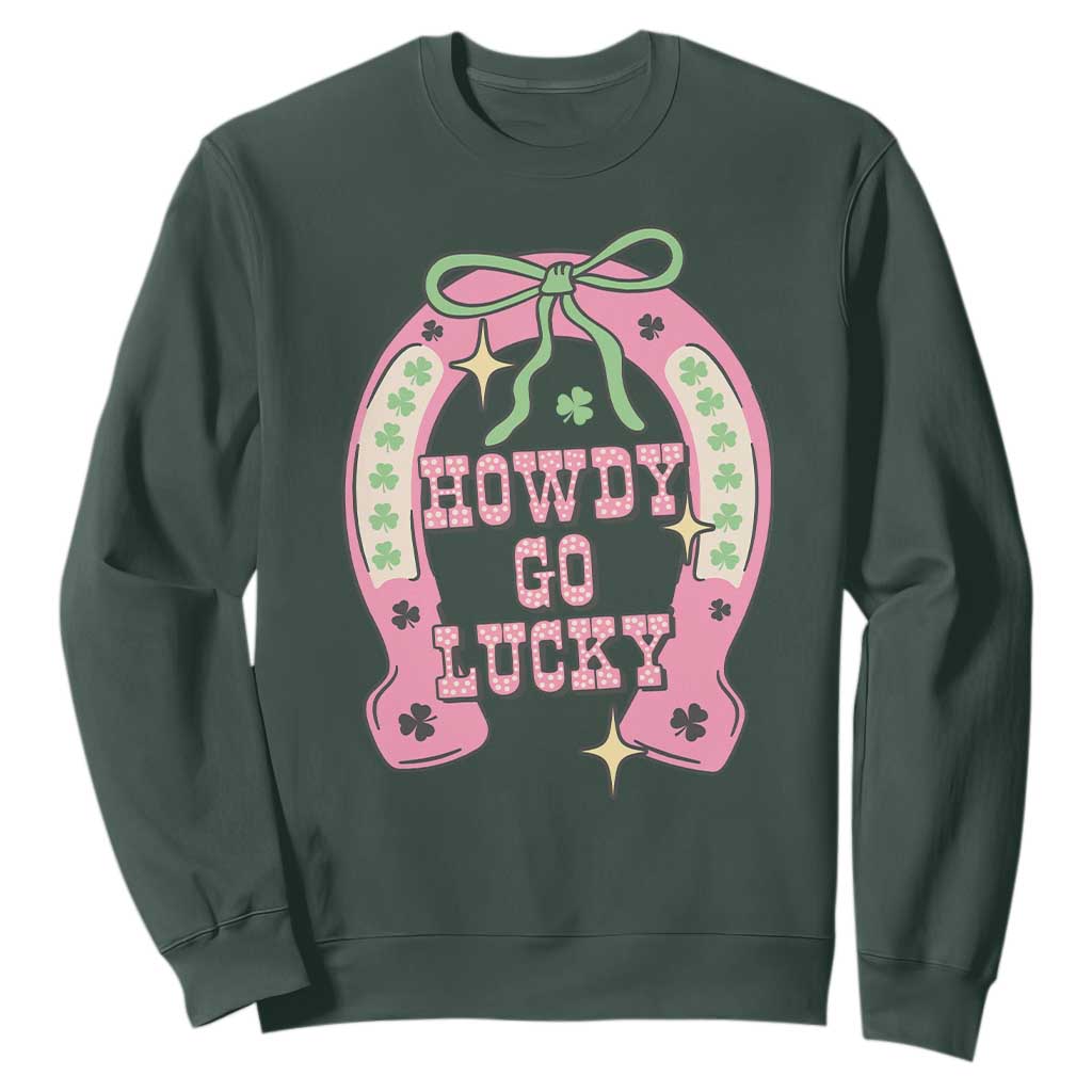 Funny St Patrick's Day Cowgirl Coquette Sweatshirt Howdy Go Lucky Pink Horseshoe TS11 Dark Forest Green Print Your Wear