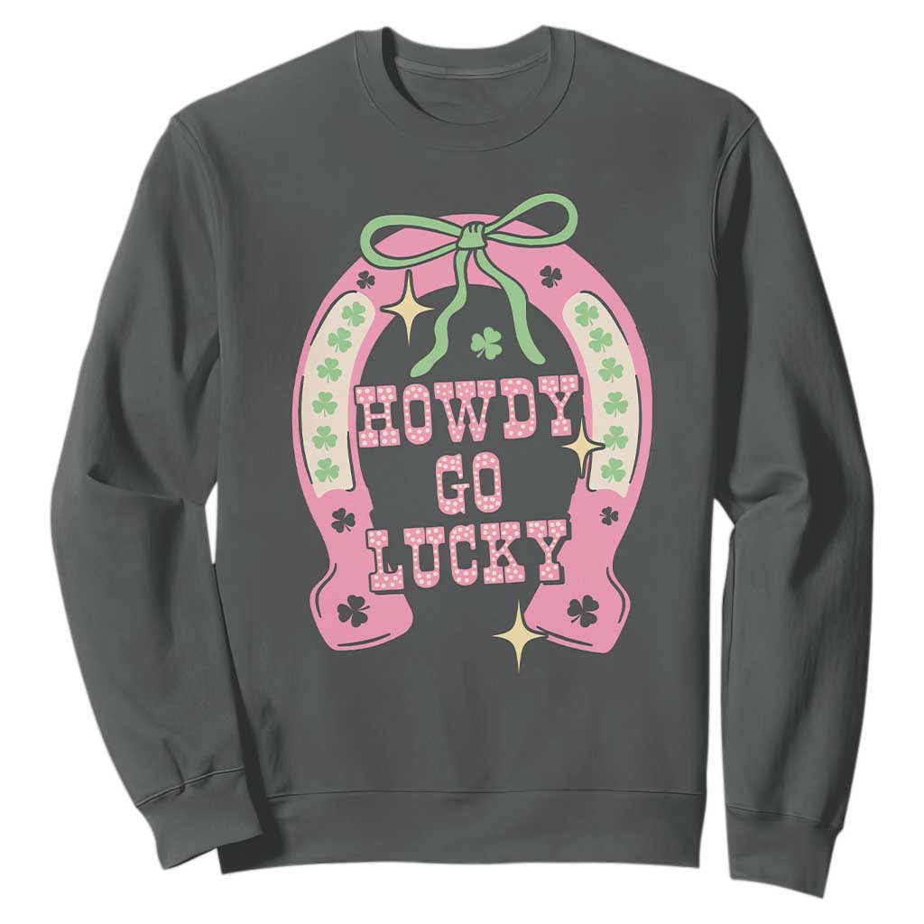 Funny St Patrick's Day Cowgirl Coquette Sweatshirt Howdy Go Lucky Pink Horseshoe TS11 Dark Heather Print Your Wear