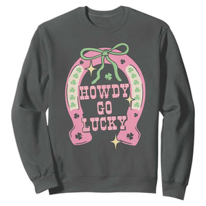 Funny St Patrick's Day Cowgirl Coquette Sweatshirt Howdy Go Lucky Pink Horseshoe TS11 Dark Heather Print Your Wear
