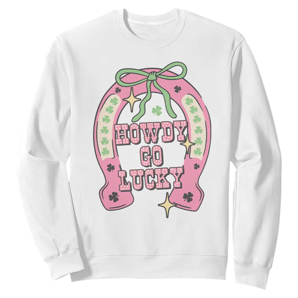 Funny St Patrick's Day Cowgirl Coquette Sweatshirt Howdy Go Lucky Pink Horseshoe TS11 White Print Your Wear