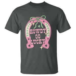 Funny St Patrick's Day Cowgirl Coquette T Shirt Howdy Go Lucky Pink Horseshoe TS11 Dark Heather Print Your Wear