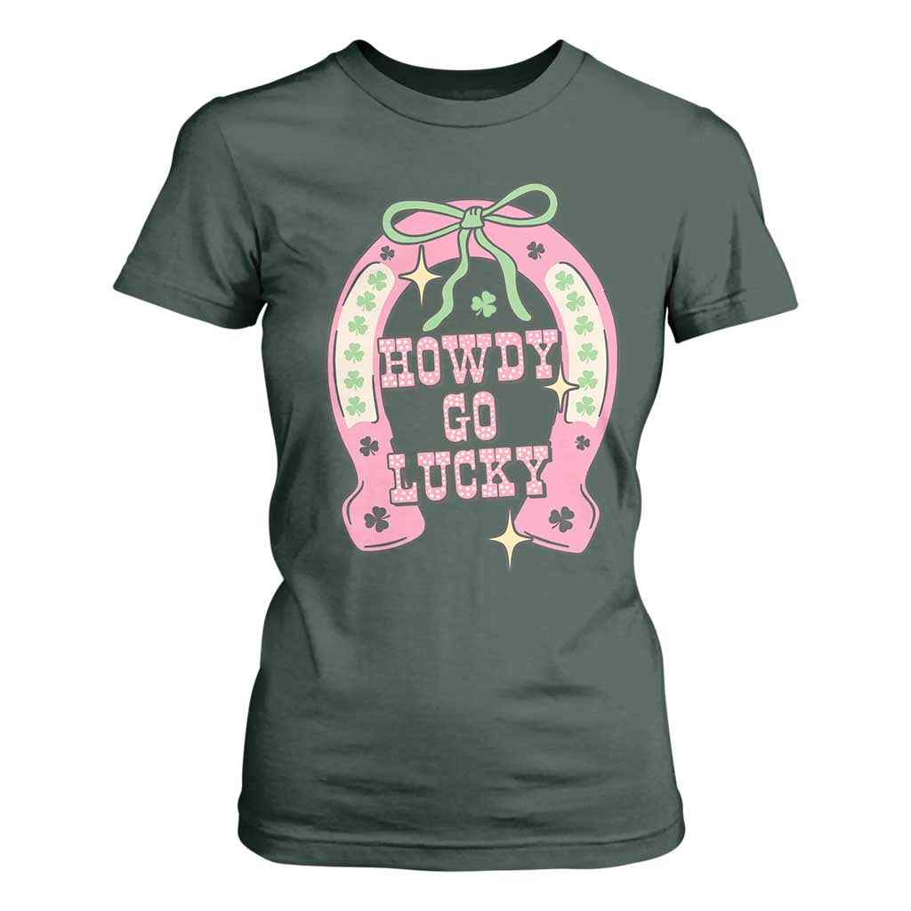 Funny St Patrick's Day Cowgirl Coquette T Shirt For Women Howdy Go Lucky Pink Horseshoe TS11 Dark Forest Green Print Your Wear