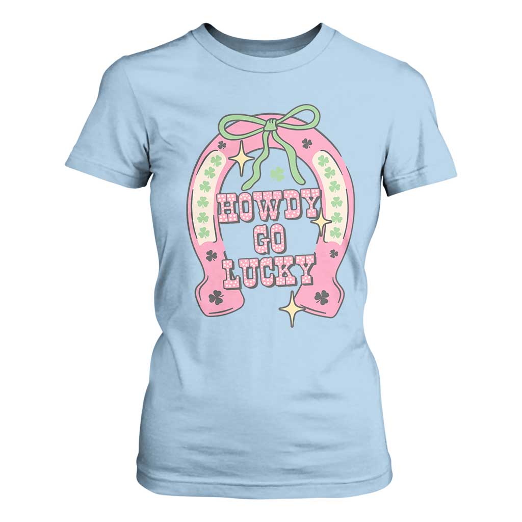 Funny St Patrick's Day Cowgirl Coquette T Shirt For Women Howdy Go Lucky Pink Horseshoe TS11 Light Blue Print Your Wear
