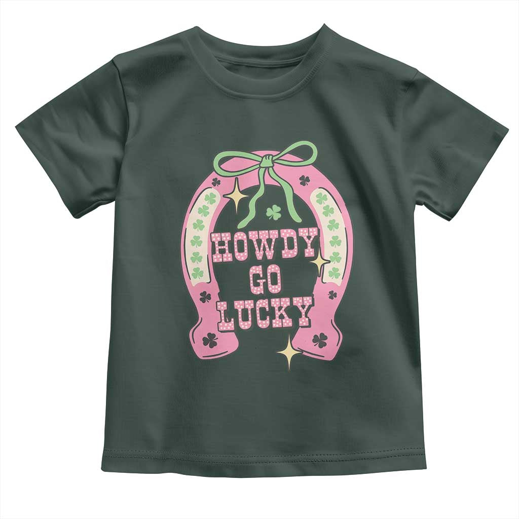 Funny St Patrick's Day Cowgirl Coquette Toddler T Shirt Howdy Go Lucky Pink Horseshoe TS11 Dark Forest Green Print Your Wear