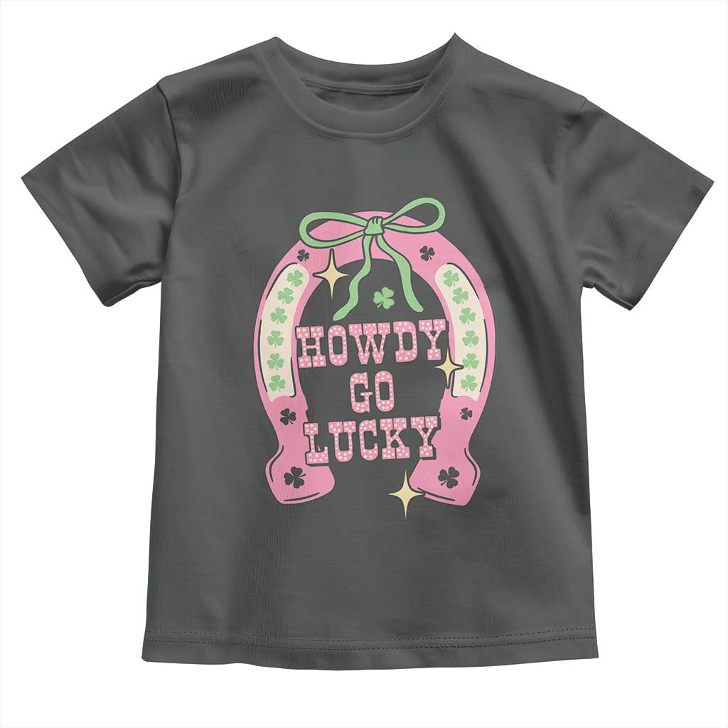 Funny St Patrick's Day Cowgirl Coquette Toddler T Shirt Howdy Go Lucky Pink Horseshoe TS11 Dark Heather Print Your Wear