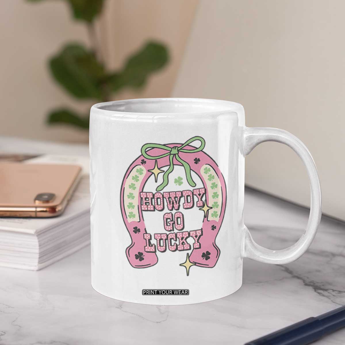 Funny St Patrick's Day Cowgirl Coquette Coffee Mug Howdy Go Lucky Pink Horseshoe TS11 Print Your Wear