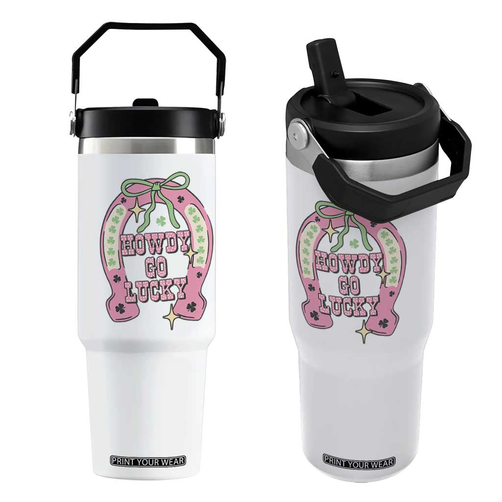 Funny St Patrick's Day Cowgirl Coquette Flip Straw Tumbler Howdy Go Lucky Pink Horseshoe TS11 One Size: 30 oz White Print Your Wear