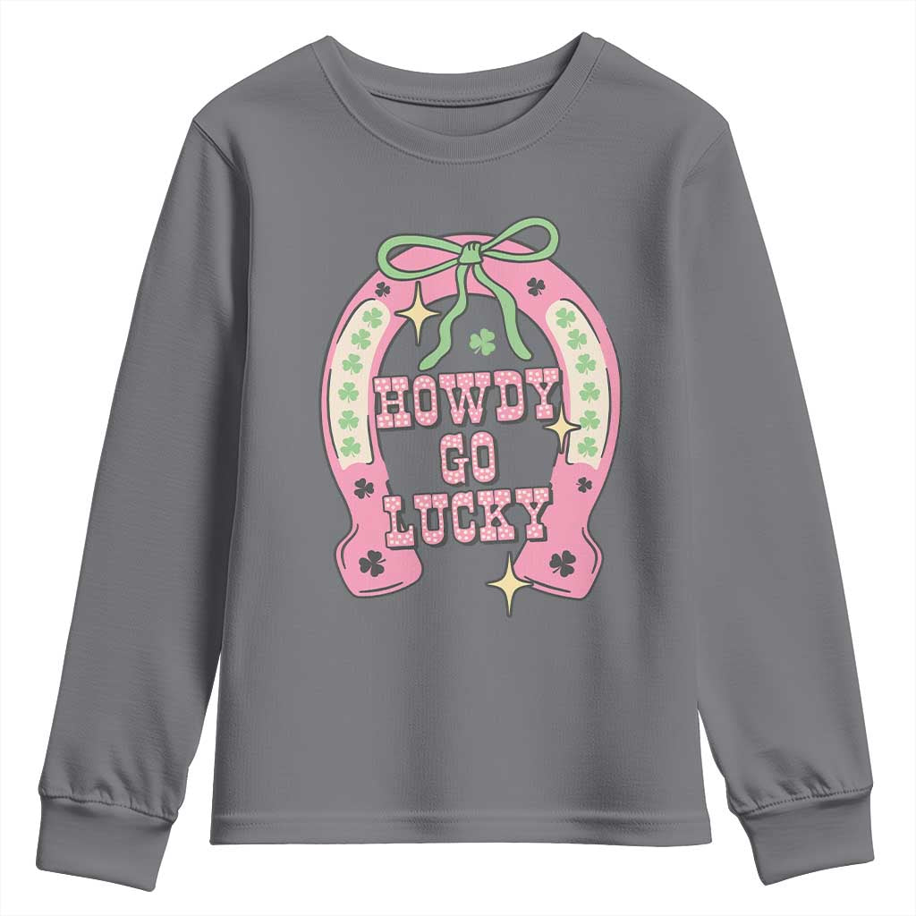 Funny St Patrick's Day Cowgirl Coquette Youth Sweatshirt Howdy Go Lucky Pink Horseshoe TS11 Charcoal Print Your Wear