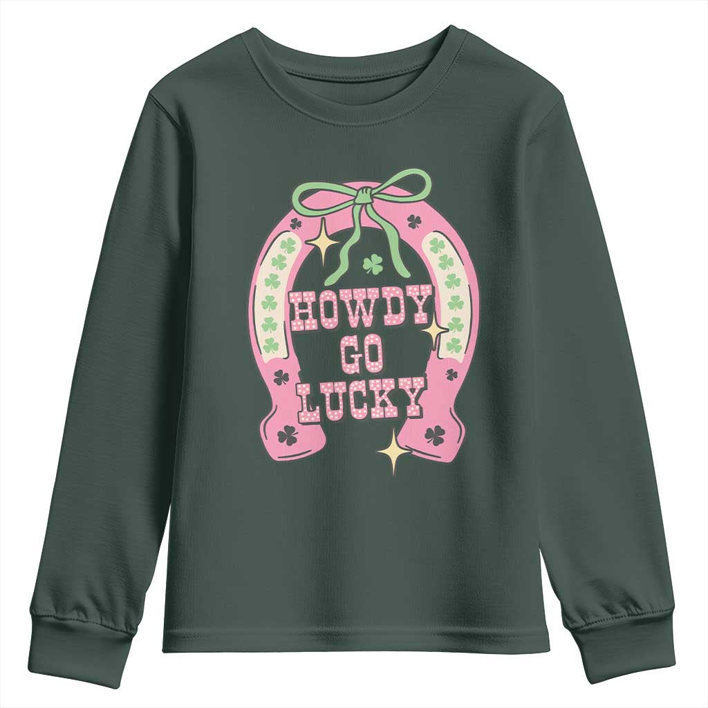Funny St Patrick's Day Cowgirl Coquette Youth Sweatshirt Howdy Go Lucky Pink Horseshoe TS11 Dark Forest Green Print Your Wear