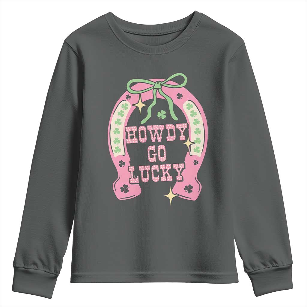 Funny St Patrick's Day Cowgirl Coquette Youth Sweatshirt Howdy Go Lucky Pink Horseshoe TS11 Dark Heather Print Your Wear