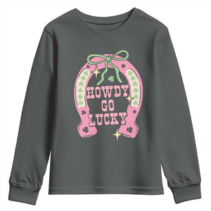Funny St Patrick's Day Cowgirl Coquette Youth Sweatshirt Howdy Go Lucky Pink Horseshoe TS11 Dark Heather Print Your Wear