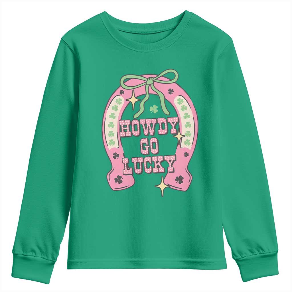 Funny St Patrick's Day Cowgirl Coquette Youth Sweatshirt Howdy Go Lucky Pink Horseshoe TS11 Irish Green Print Your Wear