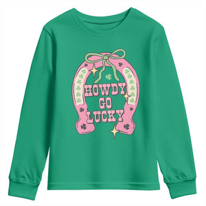 Funny St Patrick's Day Cowgirl Coquette Youth Sweatshirt Howdy Go Lucky Pink Horseshoe TS11 Irish Green Print Your Wear