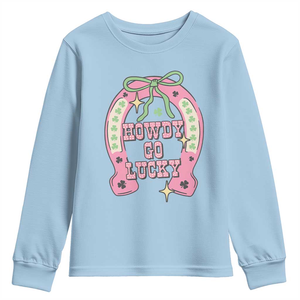 Funny St Patrick's Day Cowgirl Coquette Youth Sweatshirt Howdy Go Lucky Pink Horseshoe TS11 Light Blue Print Your Wear