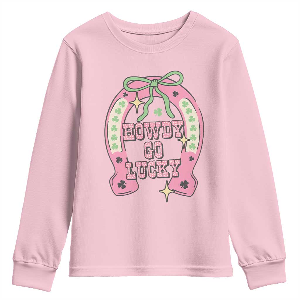 Funny St Patrick's Day Cowgirl Coquette Youth Sweatshirt Howdy Go Lucky Pink Horseshoe TS11 Light Pink Print Your Wear