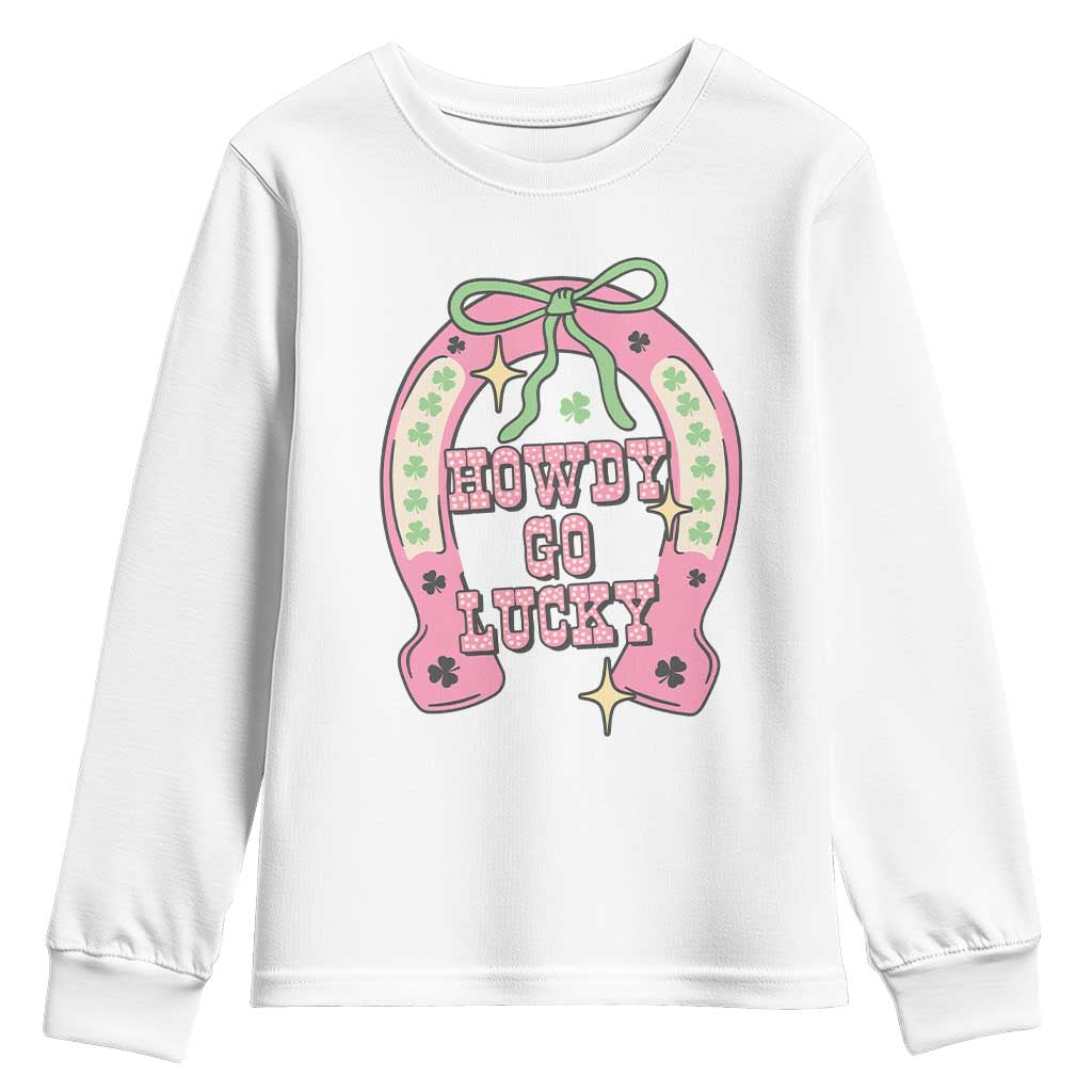 Funny St Patrick's Day Cowgirl Coquette Youth Sweatshirt Howdy Go Lucky Pink Horseshoe TS11 White Print Your Wear