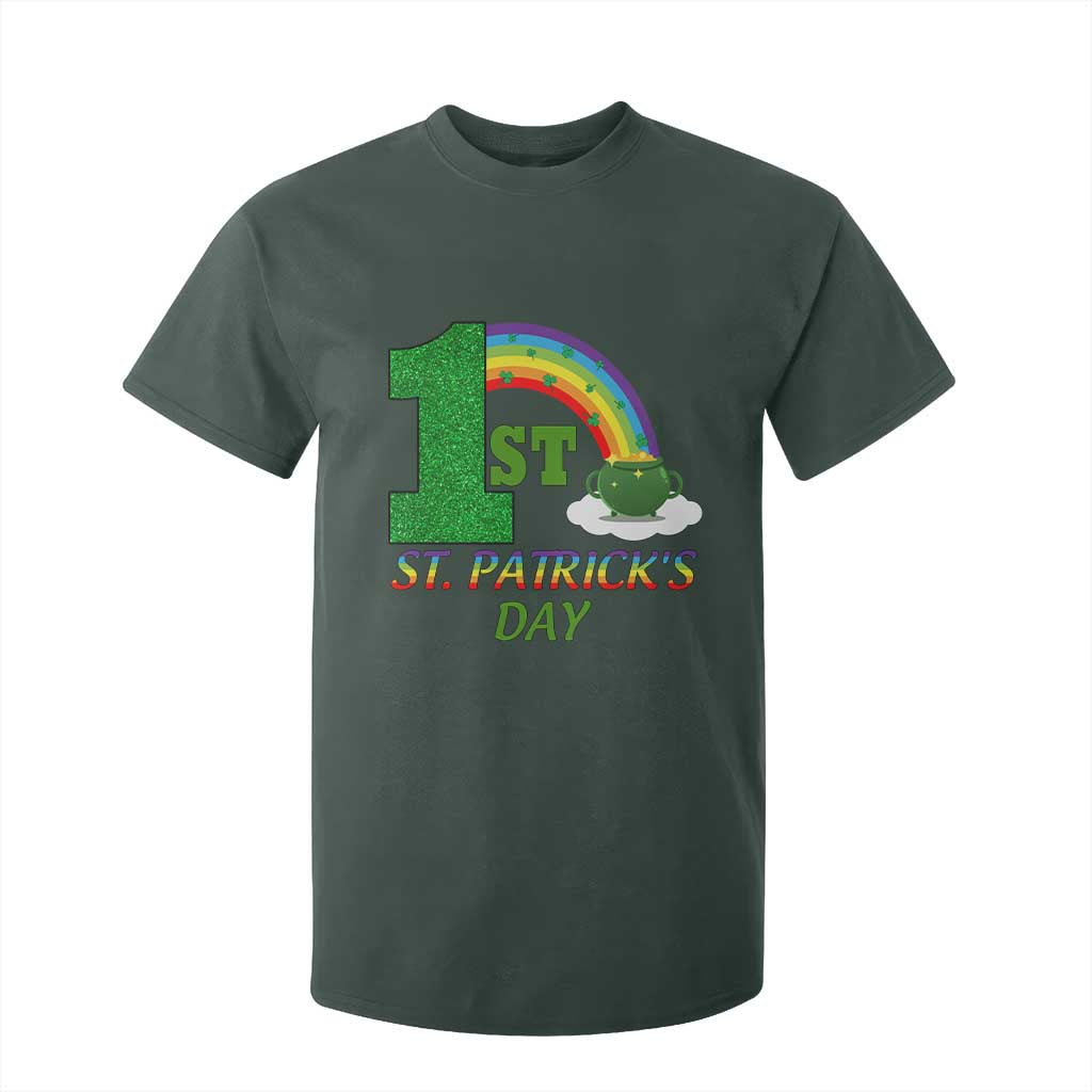 Funny First 1st St Patrick's Day T Shirt For Kid Shamrock Rainbow Glitter Print TS11 Dark Forest Green Print Your Wear