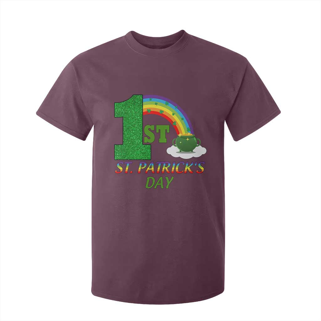 Funny First 1st St Patrick's Day T Shirt For Kid Shamrock Rainbow Glitter Print TS11 Maroon Print Your Wear