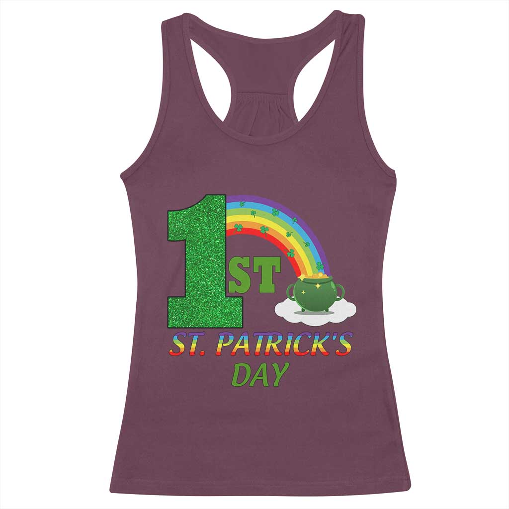 Funny First 1st St Patrick's Day Racerback Tank Top Shamrock Rainbow Glitter Print TS11 Maroon Print Your Wear