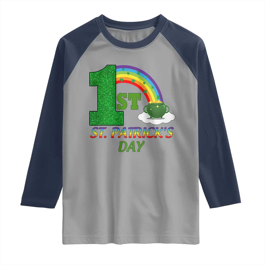 Funny First 1st St Patrick's Day Raglan Shirt Shamrock Rainbow Glitter Print TS11 Sport Gray Navy Print Your Wear