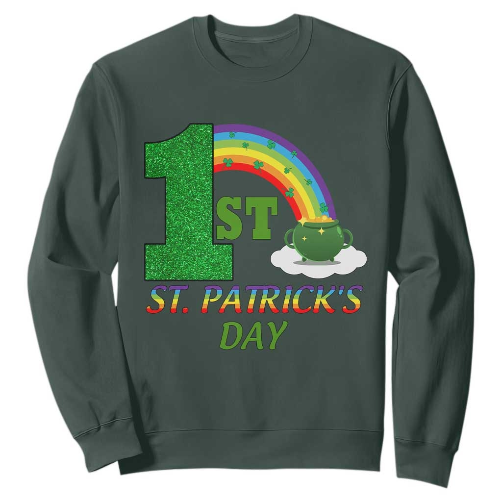 Funny First 1st St Patrick's Day Sweatshirt Shamrock Rainbow Glitter Print TS11 Dark Forest Green Print Your Wear