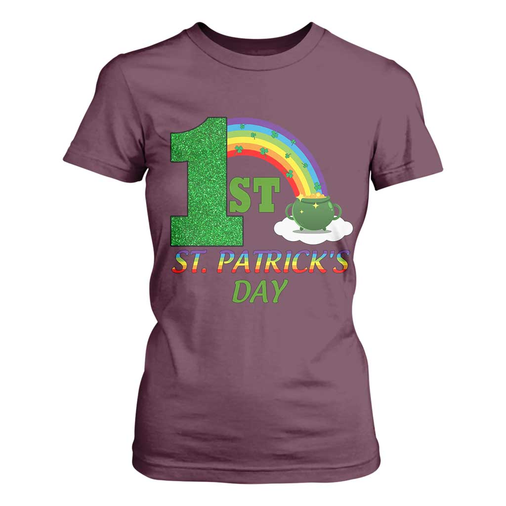 Funny First 1st St Patrick's Day T Shirt For Women Shamrock Rainbow Glitter Print TS11 Maroon Print Your Wear