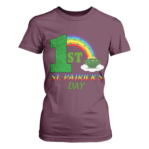 Funny First 1st St Patrick's Day T Shirt For Women Shamrock Rainbow Glitter Print TS11 Maroon Print Your Wear