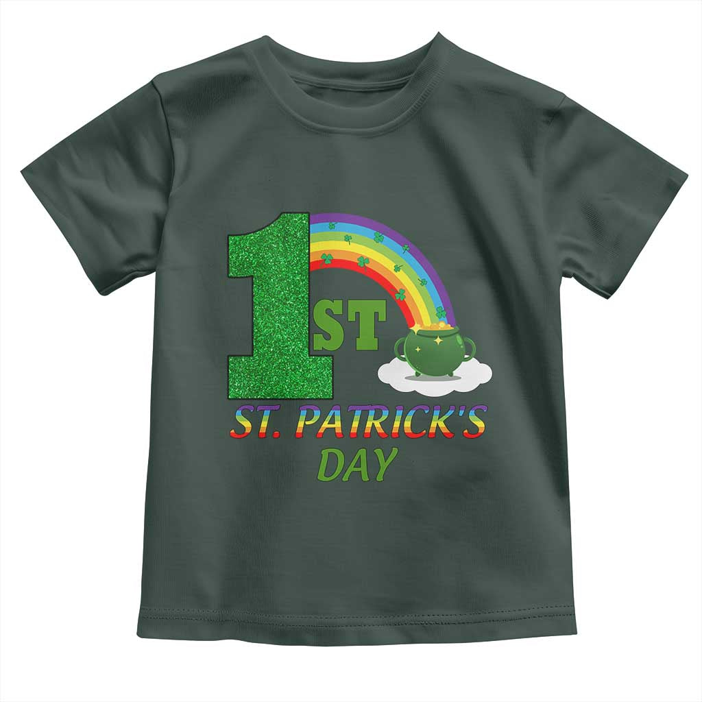 Funny First 1st St Patrick's Day Toddler T Shirt Shamrock Rainbow Glitter Print TS11 Dark Forest Green Print Your Wear