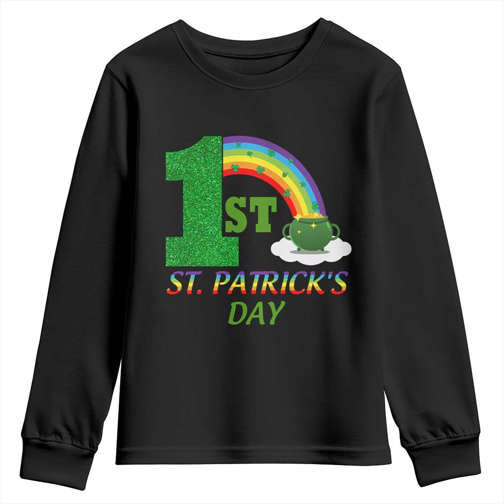 Funny First 1st St Patrick's Day Youth Sweatshirt Shamrock Rainbow Glitter Print TS11 Black Print Your Wear