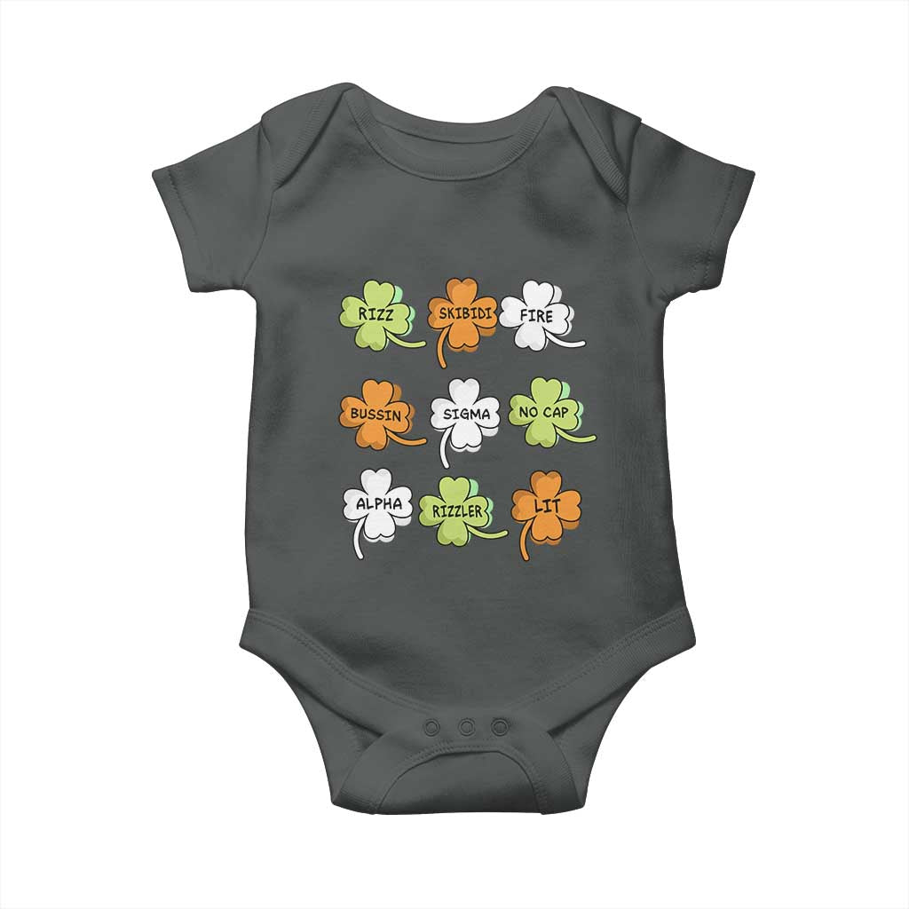 Funny Skibidi Rizz St Patrick's Day Baby Onesie Shamrock Clover Candy Rizzler Meme TS11 Dark Heather Print Your Wear