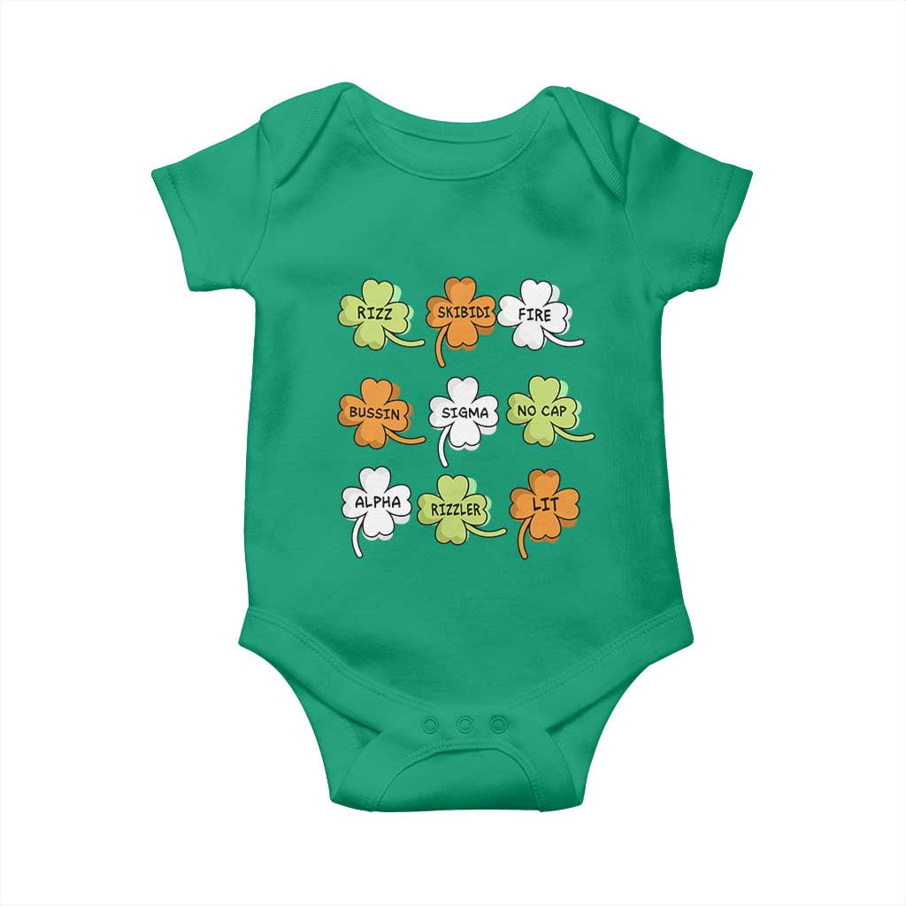 Funny Skibidi Rizz St Patrick's Day Baby Onesie Shamrock Clover Candy Rizzler Meme TS11 Irish Green Print Your Wear