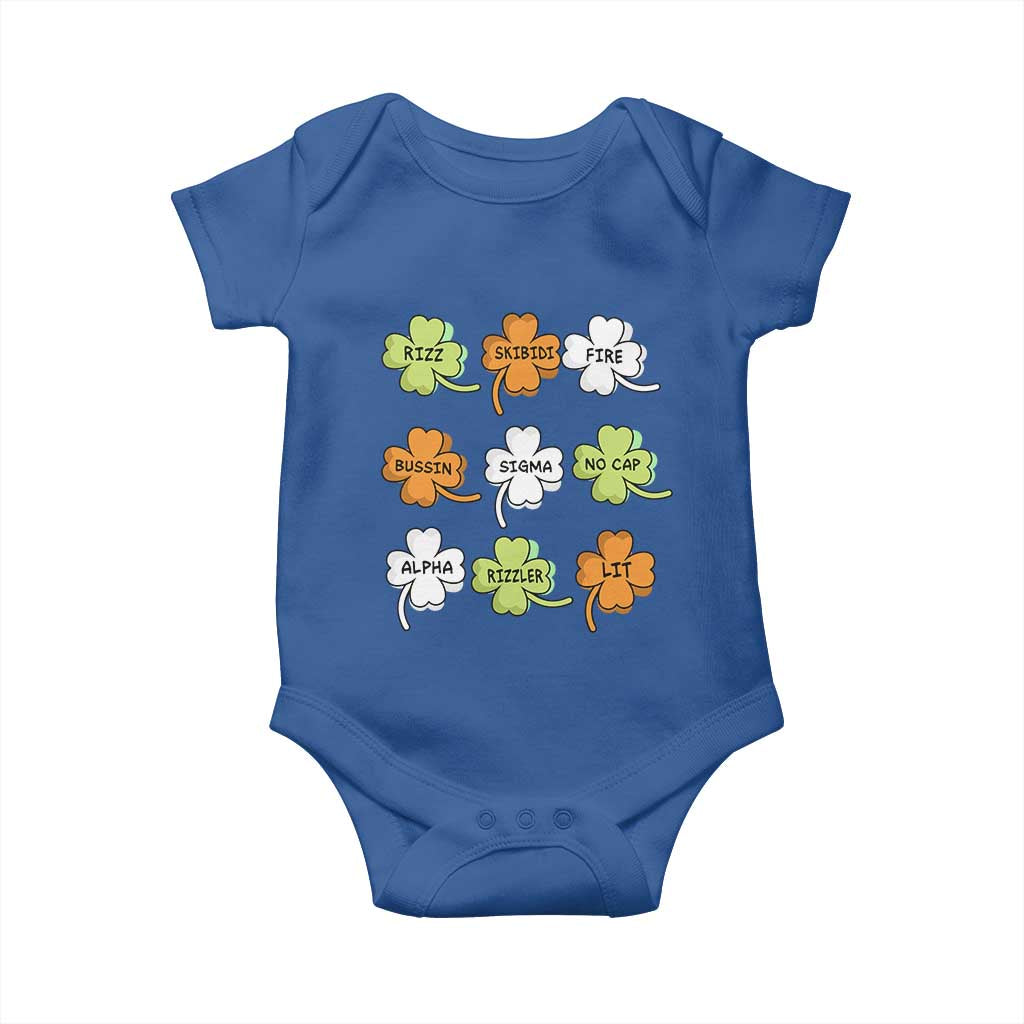 Funny Skibidi Rizz St Patrick's Day Baby Onesie Shamrock Clover Candy Rizzler Meme TS11 Royal Blue Print Your Wear