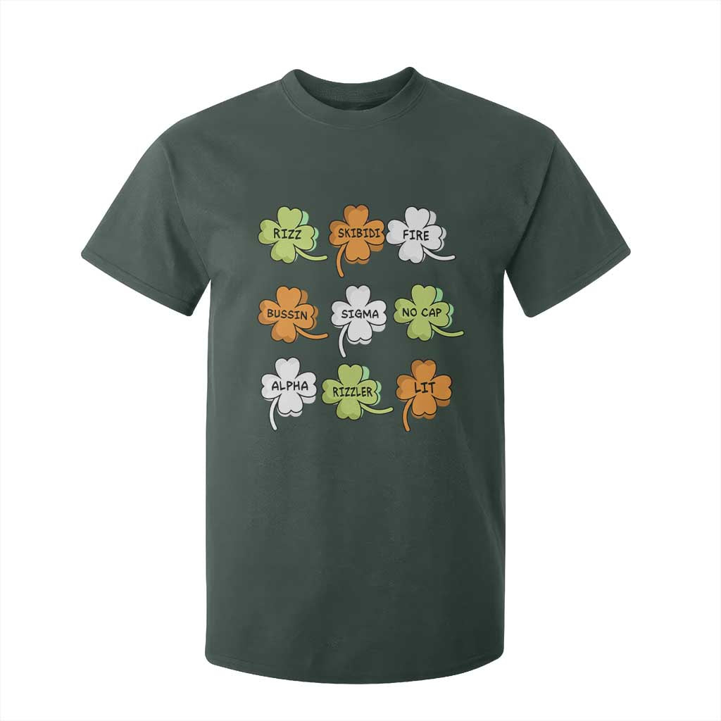 Funny Skibidi Rizz St Patrick's Day T Shirt For Kid Shamrock Clover Candy Rizzler Meme TS11 Dark Forest Green Print Your Wear