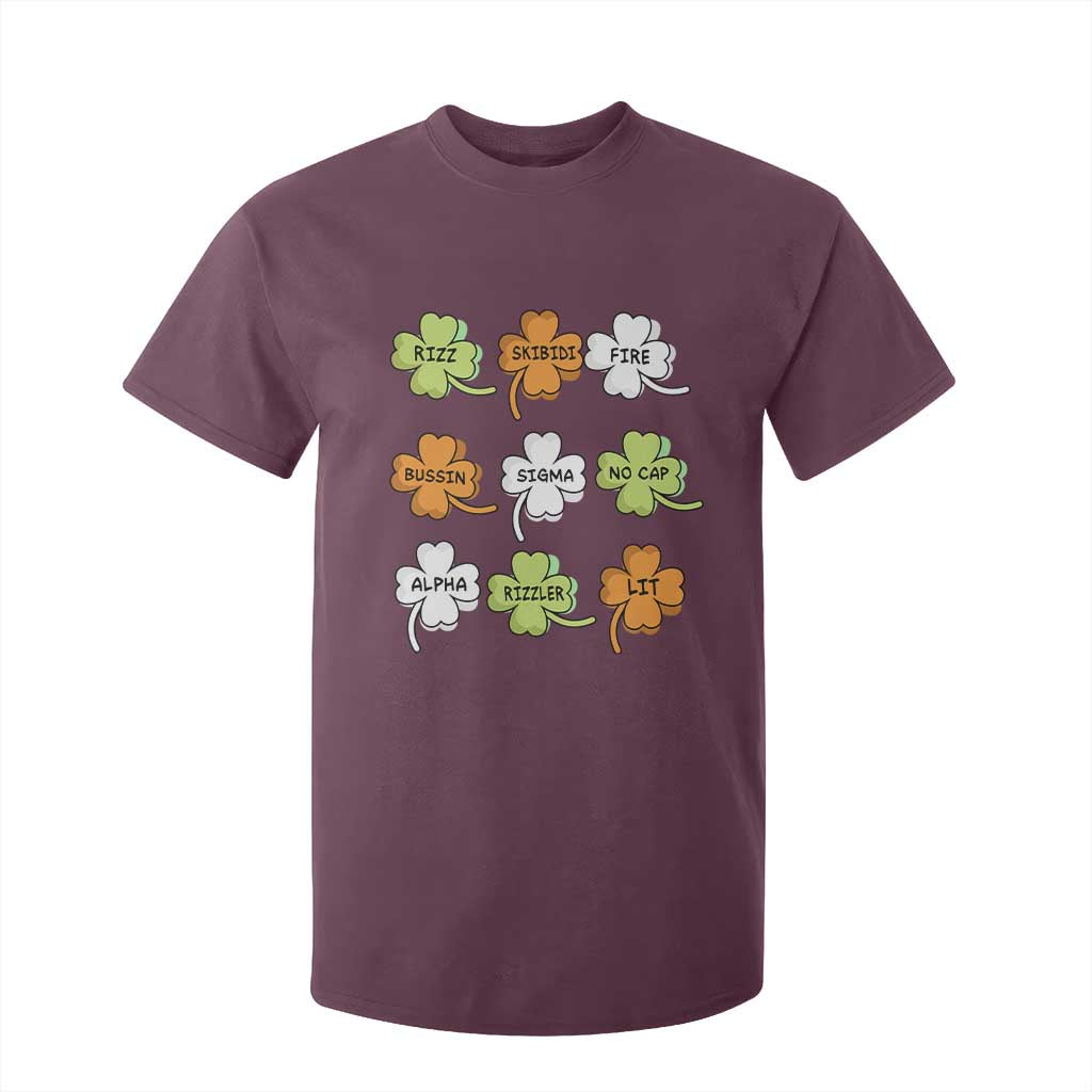 Funny Skibidi Rizz St Patrick's Day T Shirt For Kid Shamrock Clover Candy Rizzler Meme TS11 Maroon Print Your Wear