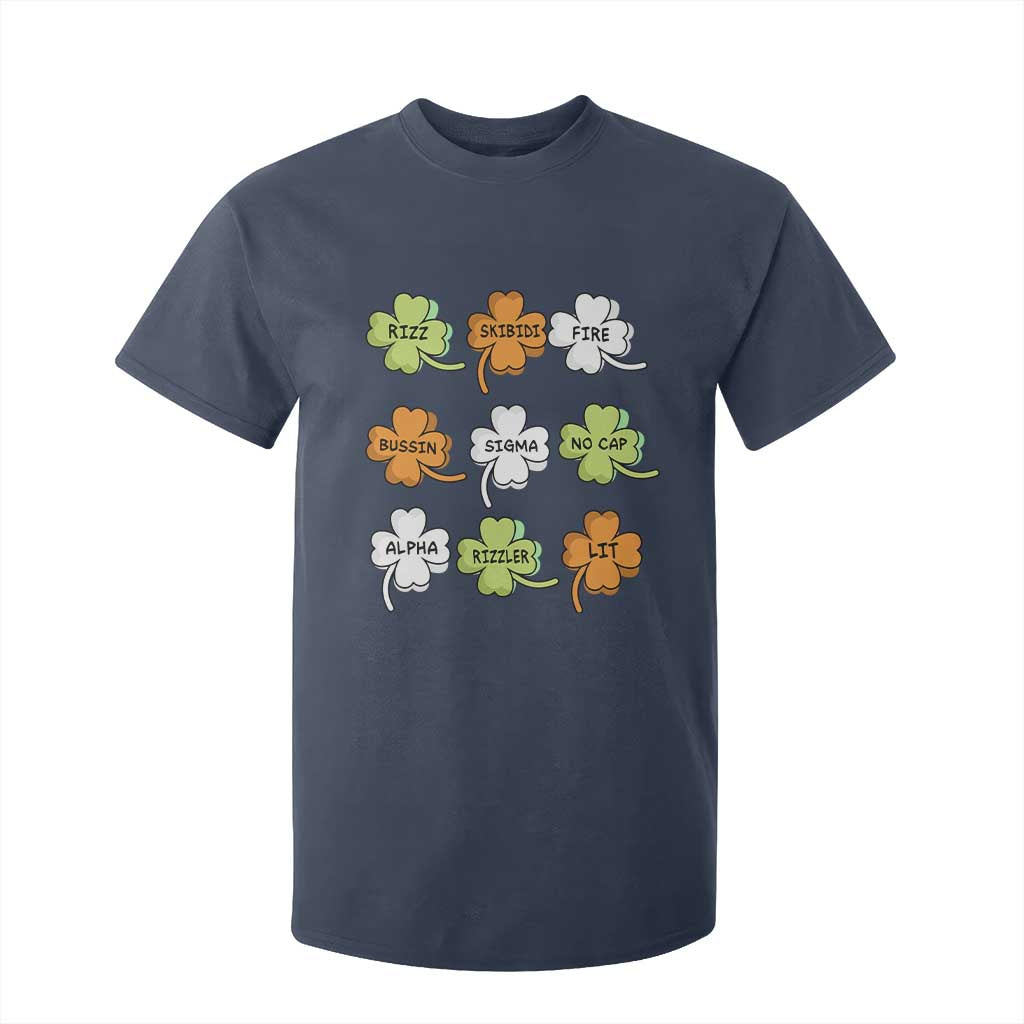 Funny Skibidi Rizz St Patrick's Day T Shirt For Kid Shamrock Clover Candy Rizzler Meme TS11 Navy Print Your Wear