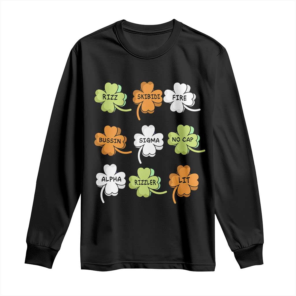 Funny Skibidi Rizz St Patrick's Day Long Sleeve Shirt Shamrock Clover Candy Rizzler Meme TS11 Black Print Your Wear