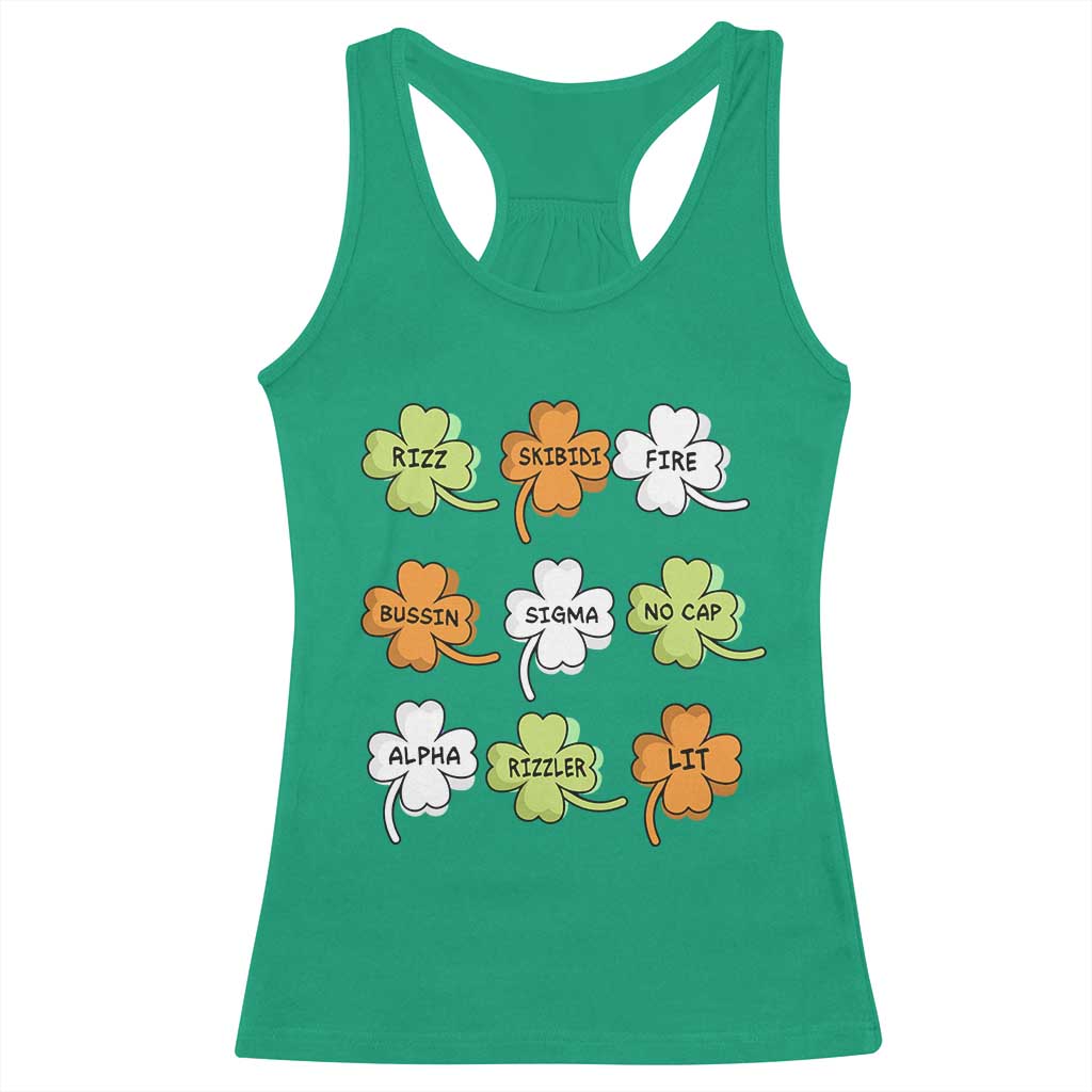Funny Skibidi Rizz St Patrick's Day Racerback Tank Top Shamrock Clover Candy Rizzler Meme TS11 Irish Green Print Your Wear