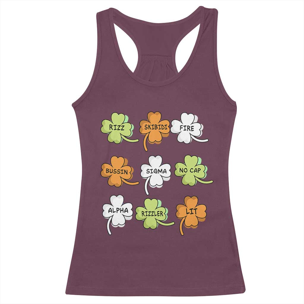 Funny Skibidi Rizz St Patrick's Day Racerback Tank Top Shamrock Clover Candy Rizzler Meme TS11 Maroon Print Your Wear