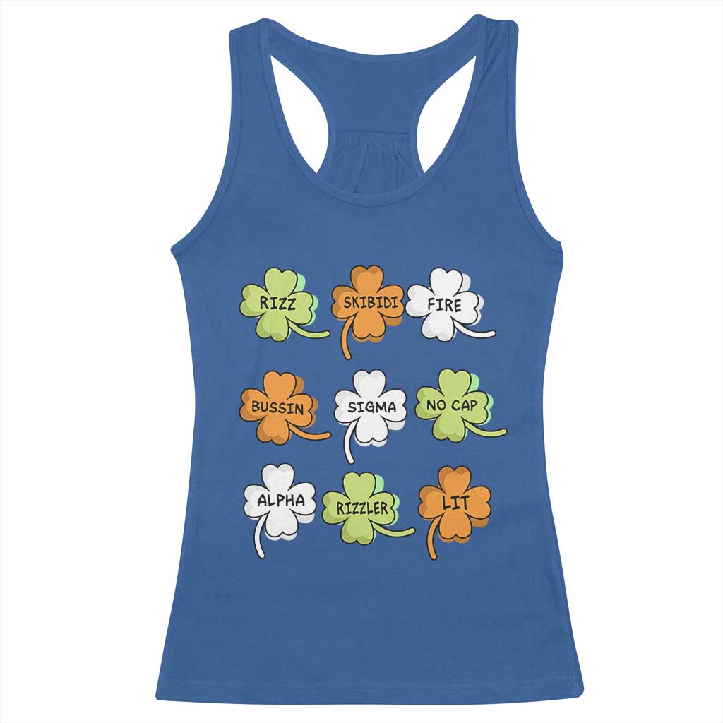 Funny Skibidi Rizz St Patrick's Day Racerback Tank Top Shamrock Clover Candy Rizzler Meme TS11 Royal Blue Print Your Wear