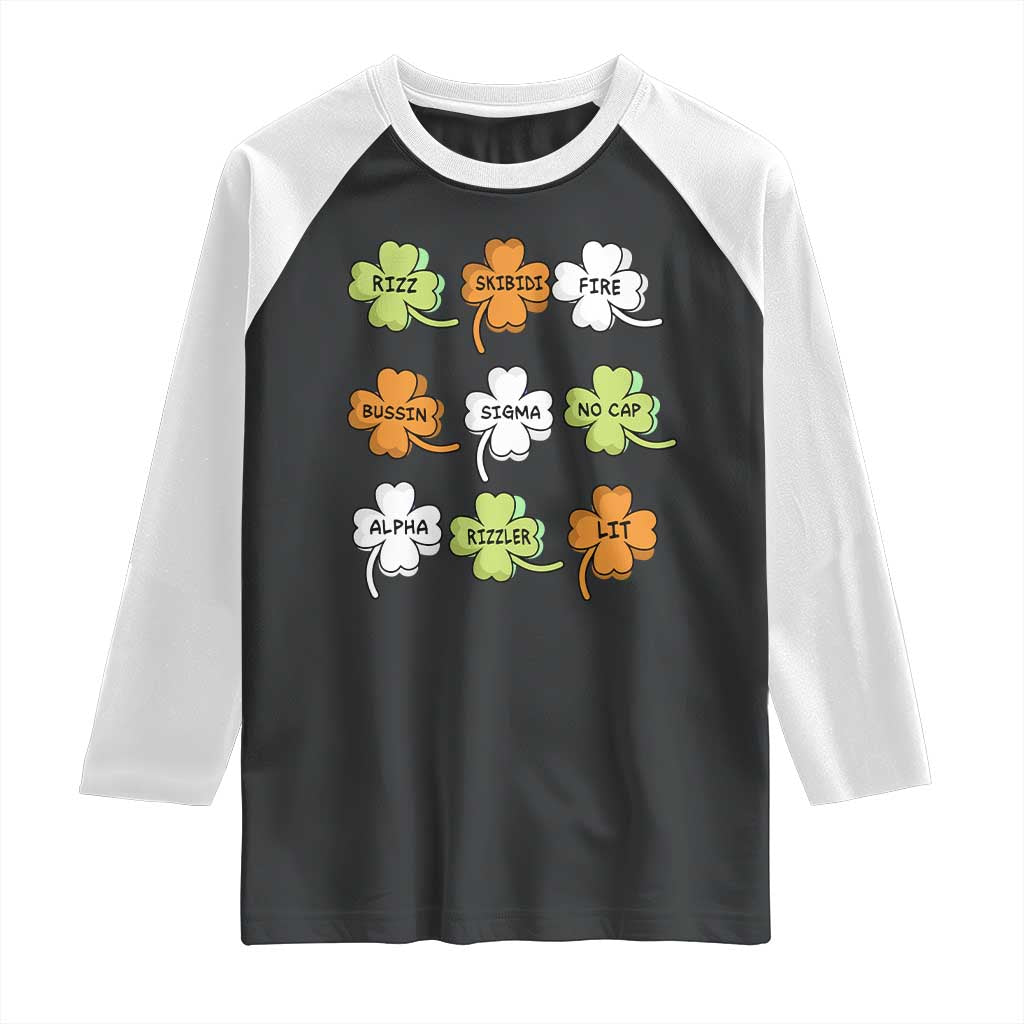 Funny Skibidi Rizz St Patrick's Day Raglan Shirt Shamrock Clover Candy Rizzler Meme TS11 Black White Print Your Wear