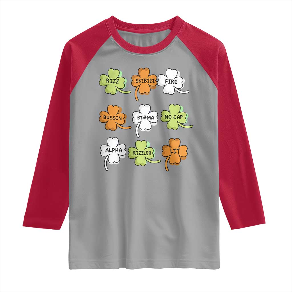 Funny Skibidi Rizz St Patrick's Day Raglan Shirt Shamrock Clover Candy Rizzler Meme TS11 Sport Gray Red Print Your Wear