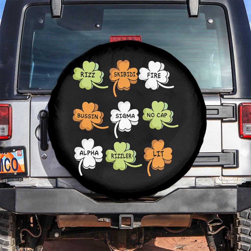 Funny Skibidi Rizz St Patrick's Day Spare Tire Cover Shamrock Clover Candy Rizzler Meme TS11 No hole Black Print Your Wear