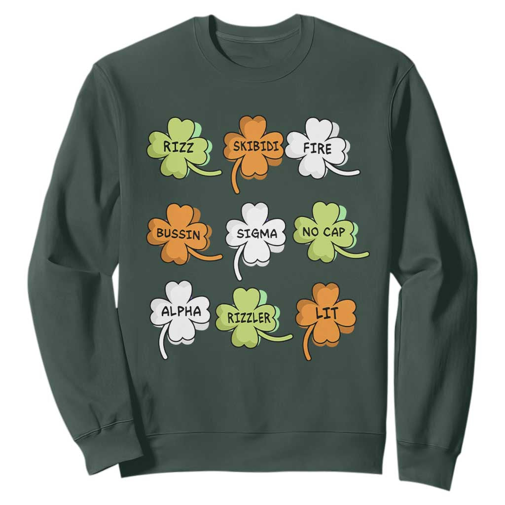 Funny Skibidi Rizz St Patrick's Day Sweatshirt Shamrock Clover Candy Rizzler Meme TS11 Dark Forest Green Print Your Wear