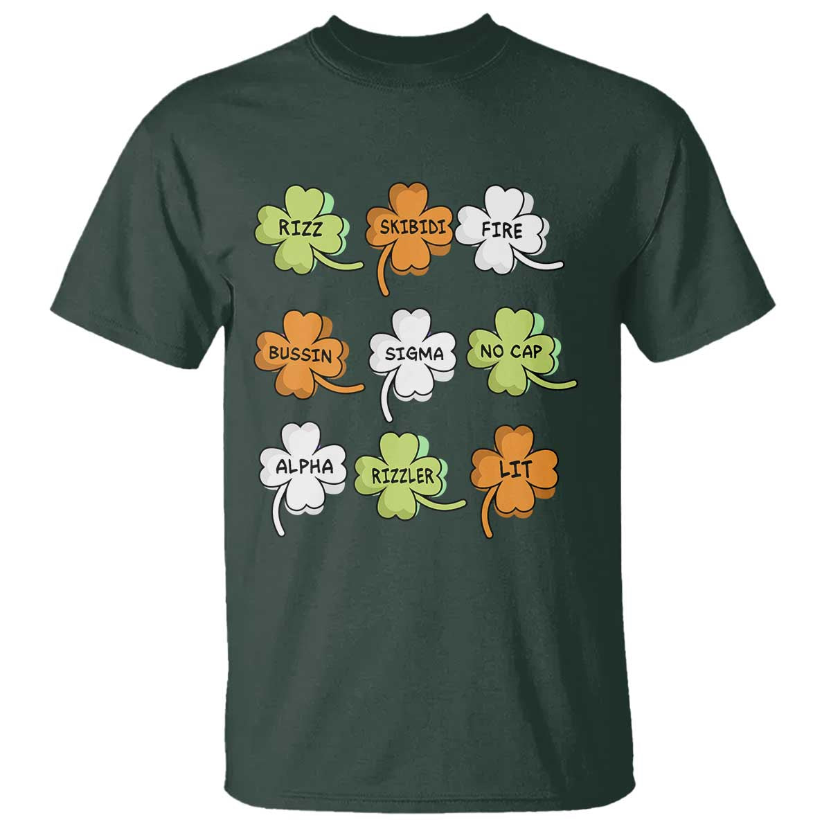 Funny Skibidi Rizz St Patrick's Day T Shirt Shamrock Clover Candy Rizzler Meme TS11 Dark Forest Green Print Your Wear