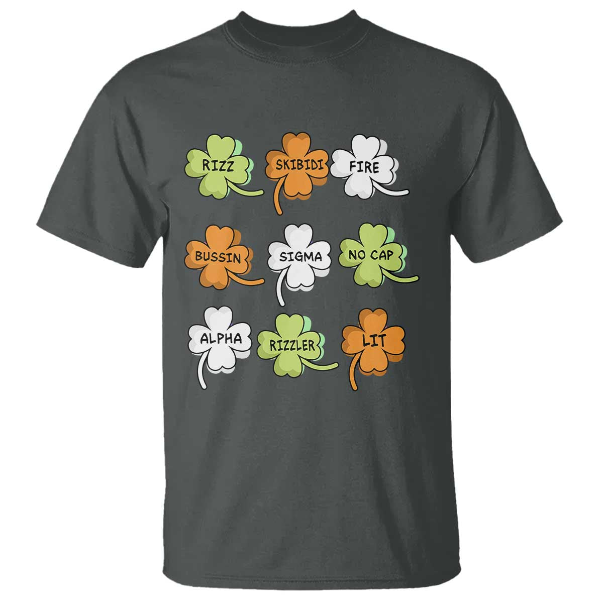 Funny Skibidi Rizz St Patrick's Day T Shirt Shamrock Clover Candy Rizzler Meme TS11 Dark Heather Print Your Wear