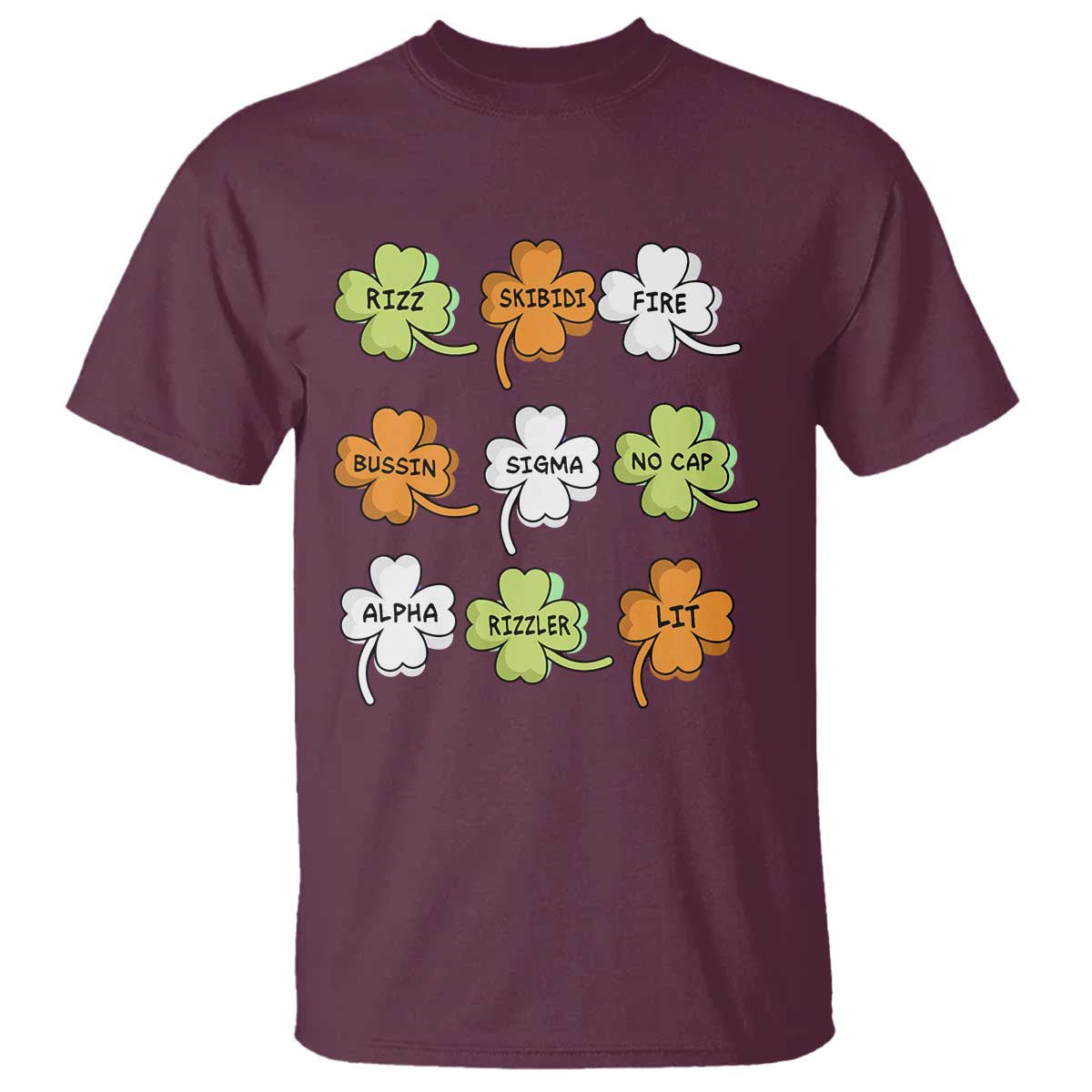 Funny Skibidi Rizz St Patrick's Day T Shirt Shamrock Clover Candy Rizzler Meme TS11 Maroon Print Your Wear